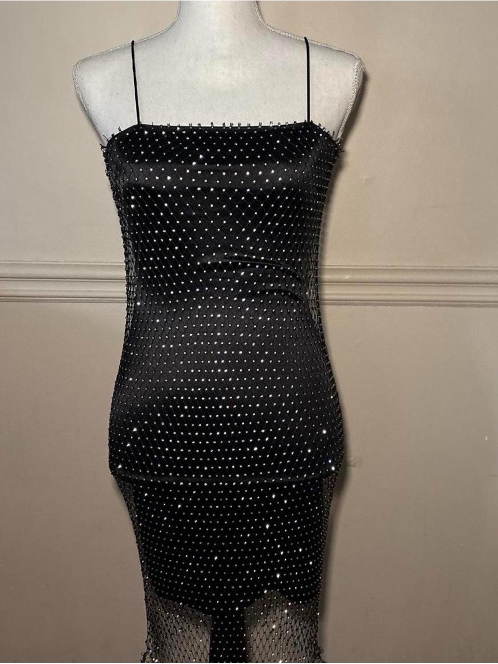AKIRA Black Rhinestone Strapless Mesh-Hem Bodycon Dress